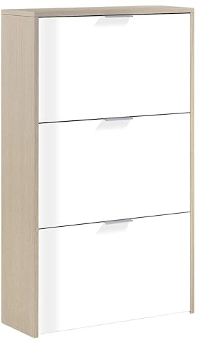 Habitdesign, Schuhschrank mit 3 Türen –in Weiß Hochglanz und kanadischer Eiche für ca. 18 Paar Schuhe, für Flur, Eingangsbereich oder Schlafzimmer, Maße: 60 x 113 x 22 cm (B x H x T), Modell Low Cost