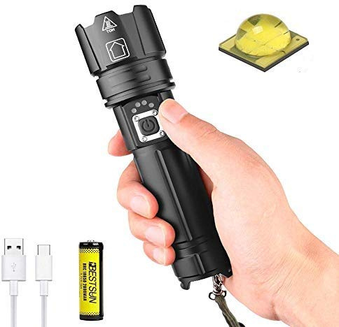 BESTSUN Linterna LED recargable, XHP70.2 linterna tactica led alta potencia 8000 lúmenes linternas potentes con zoom para acampar Pesca Cazar (Batería incluida)