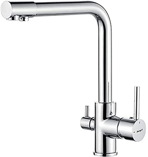 3-Wege Küchenarmatur (Trinkwasserhahn mit 360°Drehbarkeit, Doppelhebel, 3-in-1 Funktion für Wasserfilter, Heiß- und Kaltwasserauslauf, Hochdruckarmatur, mit 3 Schlauches 50 cm) Edelstahl Chrom