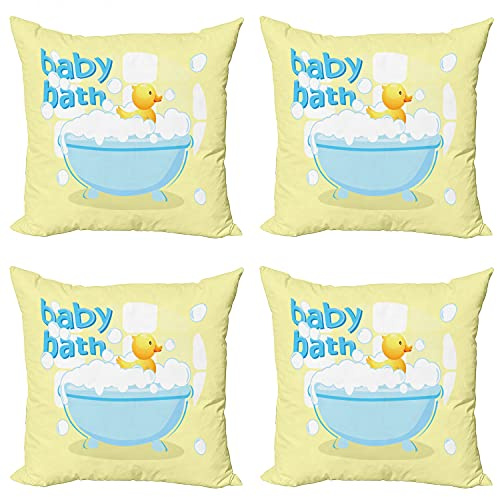 Lunarable Duckies Throw Pillow Cushion Case Pack of 4, Rubber Duckling Swims in Freestanding Bathtub Filled with Bubbles Bath Toys, Modern Accent Double-Sided Digital Printing, 20, Multicolor