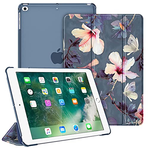 Fintie Hülle für iPad 9.7 Zoll 2018 2017 / iPad Air 2 (2014) / Air 1 (2013) - Ultradünn Schutzhülle mit transparenter Rückseite Abdeckung Cover mit Auto Schlaf/Wach Funktion, Hibiskus