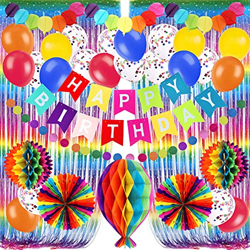 Recosis Bunte Geburtstagsdekorationen, Happy Birthday Banner Regenbogenfolie Fransen Vorhang Fiesta Hängende Papierfächer Pompons Papier Geburtstagsfeier Dekorationen