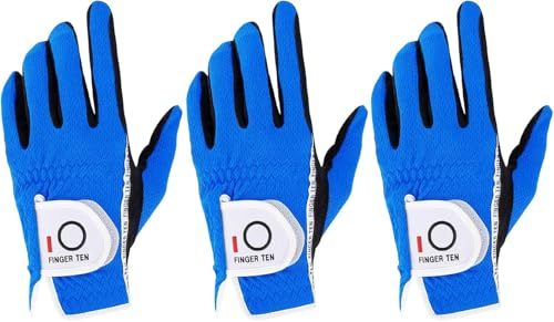 FINGER TEN Lot de 3 gants de golf pour homme main gauche et droite – Gants de golf pour homme – Résistant aux intempéries et humide – Taille S, M, L, XL, blanc (bleu, ML, portés à la main gauche)