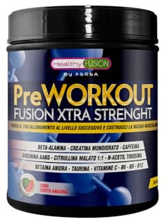 Healthy Fusion Pre workout Potente Pre-Allenamento | Beta Alanina + L-Arginina AAKG + Creatina + Caffeina + Taurina| Promuove lo sviluppo muscolare | Aumenta il rendimento fisico | Gusto Anguria 300 g