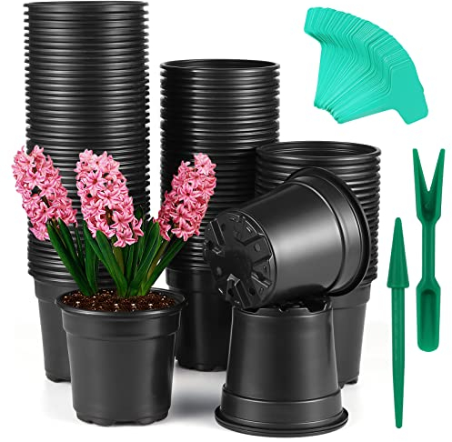 Coolty Lot de 100 pots de fleurs en polypropylène noir souple, 10,2 cm de diamètre, avec étiquettes et outils de transplantation pour intérieur ou extérieur