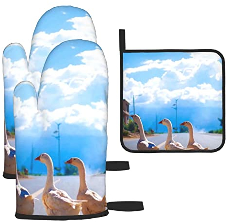 cute Goose Oven Mitts and Pot Holders Pack of 3 - Kitchen Essentials, Durable Heat Resistant Fabric - Pot Coasters for Cooking & Baking
