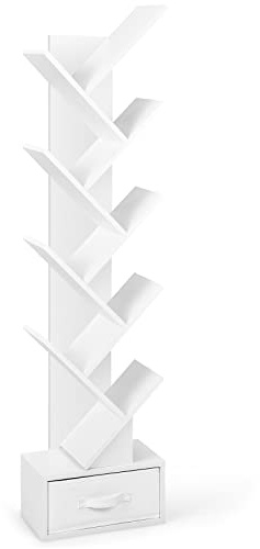 CASART 10-Tier Tree Bookshelf, Slim Tall Floor Standing Bookcase with Drawer & Wall Anchor, Wooden Display Shelving Storage Rack for Living Room Bedroom Office (White)