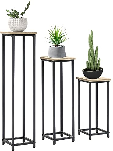 Outsunny 3er-Set Pflanzenständer, 50/70/90cm hoch Stapelbar Blumenständer für Innen Außen, Blumenhocker aus Stahl, Blumentopfständer für Wohnzimmer, Garten Balkon, Schwarz+Natur