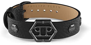 Philipp Plein Herren Armband Leder Schwarz Edelstahl IP Gun Hexagon, Länge: ca. 22 cm, PJ7AA11BU