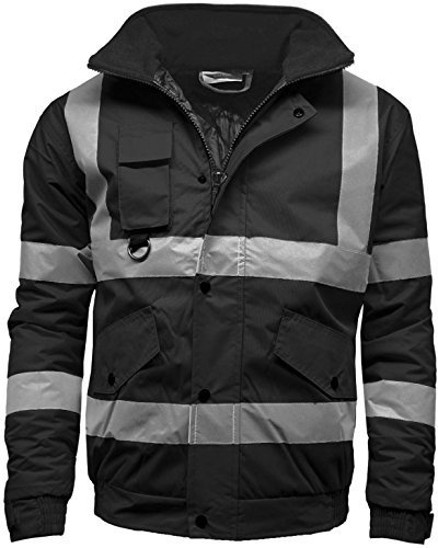 Golomak® Hi Vis Viz Bomber Jacket High Visibility Workwear Safety Security Hooded Padded Waterproof Taped Seams Work Wear Coat Top (Black, XX-Large)