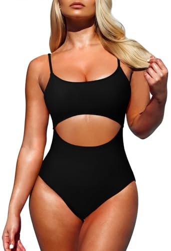 Pink Queen Women's One Piece Swimsuit Spaghetti Strap Scoop Neck Cutout High Waisted Bathing Suit Monokini Black M