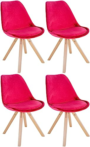 CLP 4er Set Stühle Sofia mit Samtbezug und hochwertiger Polsterung I Besucherstühle mit robustem 4-Fuß Holzgestell, Farbe:rot, Gestell Farbe:Natur (eckig)
