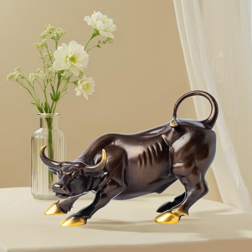 YouFine Brass Bull Figurine -Wall Street Bull Art Decor,Bronze Bull/Cow/Ox Figure Statues and Sculptures Home Office Decor (Colorful)