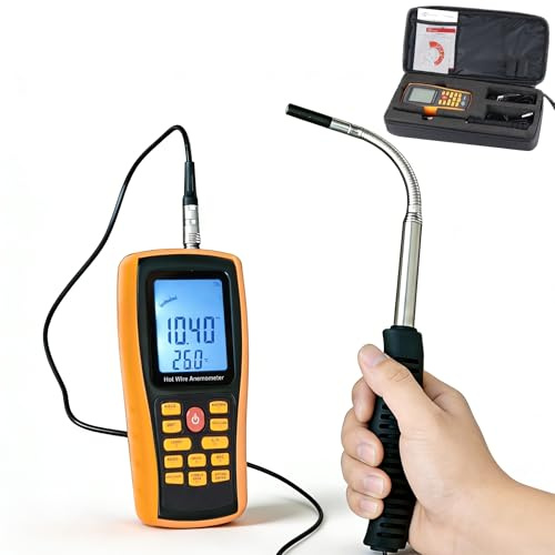 Hot Wire Anemometer for HVAC in-Duct Airflow, Handheld Peak Air Flow CFM CMM Meter with Bendable Telescopic Probe, Wind Speed Anemometer with Temperature, Backlit LCD, Data Record, USB PC Software