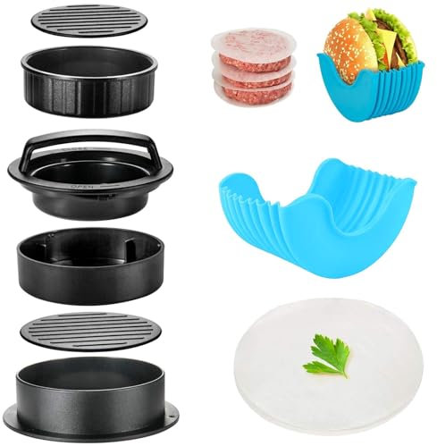 YanBous Set de Prensa para Hamburguesas 3-en-1, incluye Sostenedor Retráctil para Hamburguesas y 100 Discos de Papel Encerado, ideal para Hamburguesas Rellenas, Sliders y Más