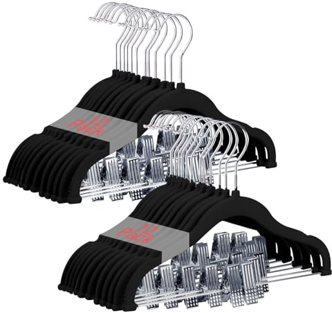 Wellong Baby-Kleiderbügel mit Clips, 24 Stück KinderKleiderbügel aus Samt, Strapazierfähige Kleiderbügel, rutschfeste Baby-bügel für Hemden, Hosen, Röcke, Kleider, Jacken, Mäntel, Schwarz