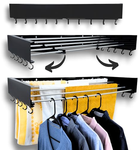 Zetez Foldable Wall Mounted Drying Rack - 31.5” Wide, 13.2 Ft Drying Space, 5 Aluminum Rods, Supports Up to 60 lbs - Retractable & Foldable Space-Saving Wall Mounted Clothes Drying Rack (Black)