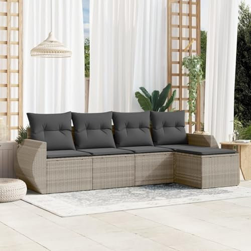 Homgoday Juego de 5 sofás de jardín con cojines para balcón, muebles de jardín, sofá de jardín, salón, balcón, sofá, sillón, sofá, sofá, sillón, juego de asientos, color gris claro