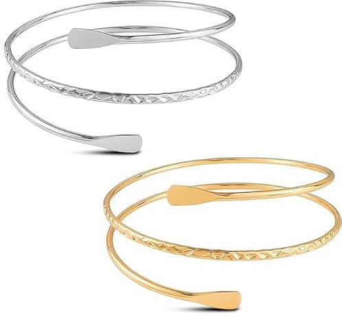 GJNMYSD 2 Pcs Upper Arm Cuff Bracelet for Girls Women, Adjustable Gold and Silver Coils Arm Band Cuff Bracelet Punk Bangle Minimalist Style Bangle Open Armlets (Gold+Silver)