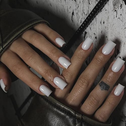 Ceboic 24 Stück French Press on Nails Kurz, Einfarbig Eckig Nägel Zum Aufkleben Ballerina Weiß Square Kunstnägel Fake Nails, Glossy Acryl Fingernägel Künstliche Nägel für Frauen und Mädchen