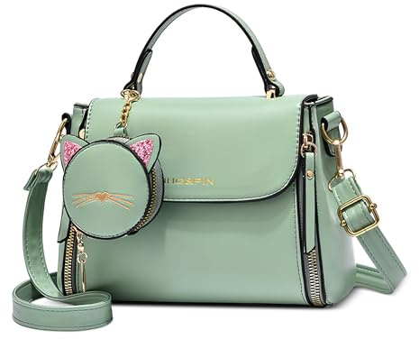 FOLOVEYA Damen Handtasche Elegante Umhängetasche PU Leder Kleine Henkeltasche Mode Schultertasche Mehreren Innentaschen mit Katze Geldbörse für Arbeit Reise Shopping Dating Grün