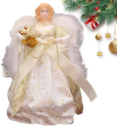 Engelsbaum Ornament - Weiße Federflügel Elegante Weihnachtsengelpuppe - Weihnachtsengel Figur 7,08 Zoll auf Baumkrone für Geburtstag Weihnachten Navid Bäume