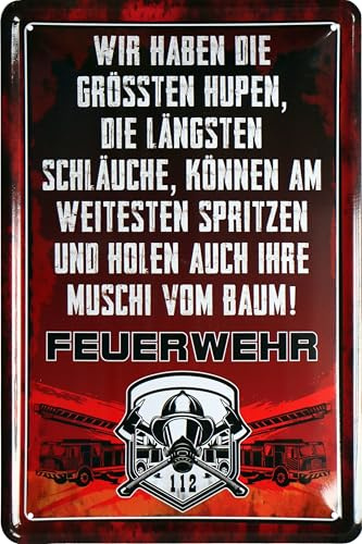 WOGEKA ART Retro Blechschild - Feuerwehr - wir haben die größten Hupen - lustiger Spruch als Geschenk-Idee zur Deko, 20 x 30 cm, aus Metall im Vintage Design 1635