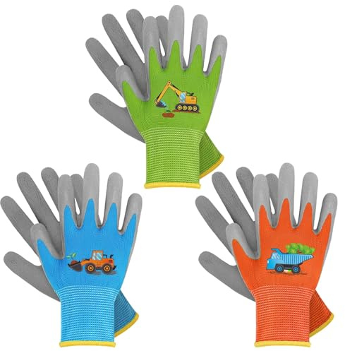 WAWSAM Guantes de jardinería para niños (Verde+Azul+Naranja 2, 5-7 años)