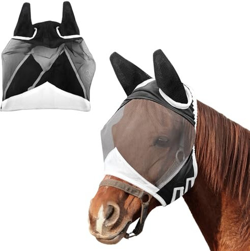 UYUYong Maschera Anti-Mosche per Cavallo Rete Traspirante Leggera Horse Fly Mask Pieno Volto Masc-hera per Cavalli Maglie Fini Rimovibile Maschera Mosche Equine per Cob Pony L 54 X 33 cm
