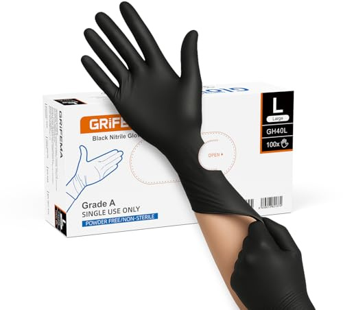 GRIFEMA Guantes de Nitrilo Negros L, Desechables resistentes, sin polvo y sin látex, Para limpieza, cocina, mecánico, taller, Caja de 100