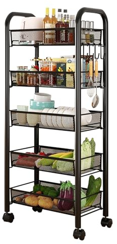 Creperture Chariot de cuisine à 5 niveaux pour légumes, panier à fruits, étagère en métal sur roulettes et 4 crochets pour cuisine, salle de bain, chambre, bureau, noir