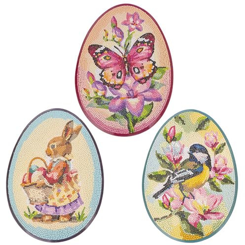 Ideen mit Herz | Diamond-Painting-Aufleger in Ei-Form | 3 verschiedene Designs und Größen | mit Frühlings- und Ostermotiven | für Geschenkboxen | als Wandbild | Ostergeschenk