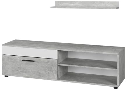 Vicco Lowboard & Regal Berno Beton/Weiß | mit 1 Klappe, zur Wandmontage geeignet für TV-Geräte bis 65 Zoll