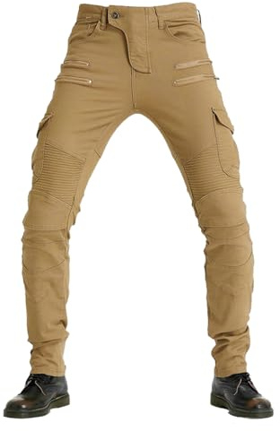 SHAIYOU Pantalon De Moto pour Homme, Jeans À Poches Multiples, Denim Blindé Amovible Aux Hanches Et Aux Genoux, pour Homme Pantalon Protecteur (Kaki,M)