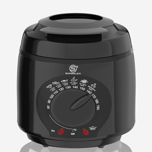 SUPERLEX Deep Fat Fryer 1L Mini Fryer Adjustable Thermostat 80-190°C Non-Stick Pan Chromed Basket Removable Lid Viewing Window Detachable Handle Easy Clean 950W for 2 Portions Chips Chicken Fish