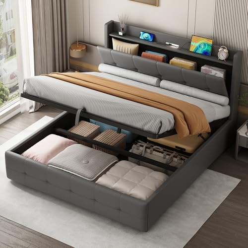 Miyemo Ottoman Double Bed Frame with Storage, 4ft6 Upholstered Bed Frame with Concealed Headboard Storage & Hydraulic, Charging-Station and LED-Night Light, PU, 135 * 190cm, Grey, (No Mattress)