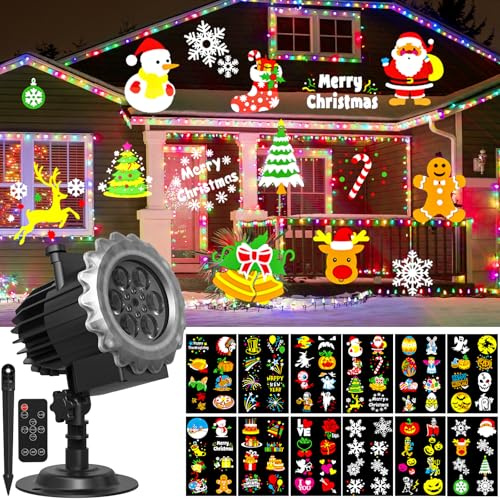 OUSFOT Projecteur Noel Exterieur, 12 Diapositives Projecteur Noel Avec Télécommande et Fonction de Minuterie,Adapté pour Jour de Thanksgiving,Noël,le Nouvel An,Parties