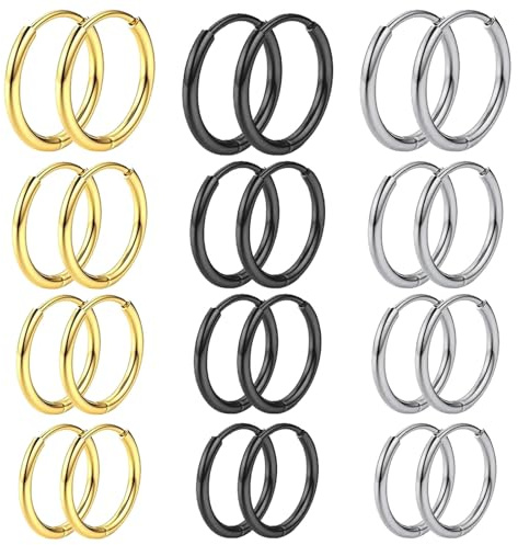 JOOTUEPO Boucles d'Oreilles, 12 Paires Boucles d'Oreilles Créoles Or/Argent/Noir, Boucle D'oreille Acier Inoxydable, Boucle d Oreille Homme Anneaux, Hypoallergéniques, 8/10/12/14 mm