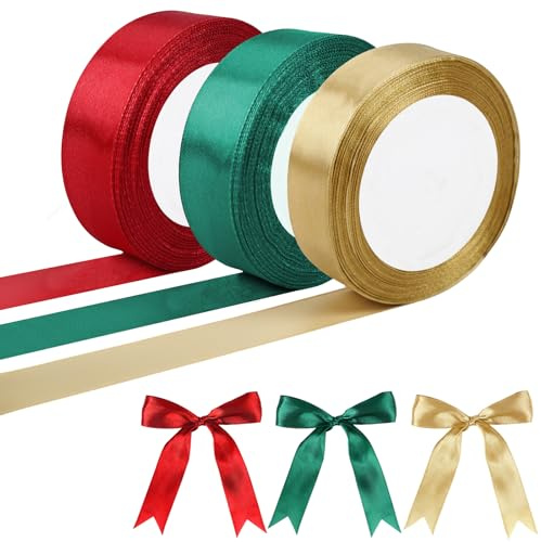 Geschenkband Schleifenband Weihnachten, 25mm x 66M Weihnachtsband Satinband Rot Grün Gold zum Basteln, Dekoband für Weihnachten Geschenkverpackung