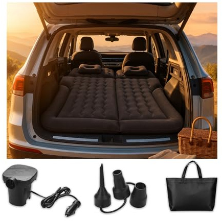 Uppblåsbar SUV-luftmadrass frånMMOBIEL – Bilbädd för Camping & Resor – Elektrisk Pump, Reparationskit, 3-i-1 Munstycke, 2 Kuddar & Förvaringsväska – Uppblåsbar Camping- och Resemadrass för SUV - Svart