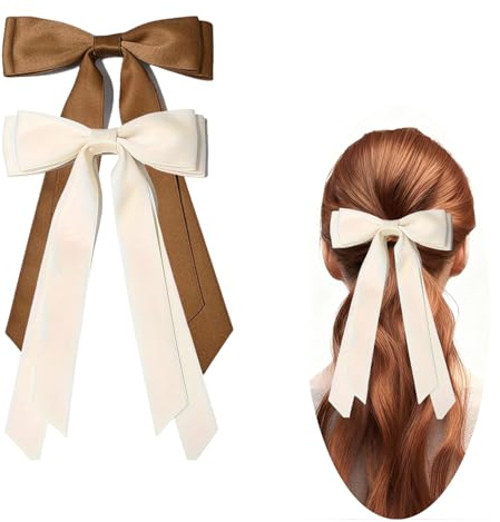 Hair Bows for Girls & Women, Satin Hair Ribbon Clips, Brown Beige Hair Bow, 2PCS Elegant Hair Accessories Barrettes for Women Girls Daily Party Christmas Wedding Prom