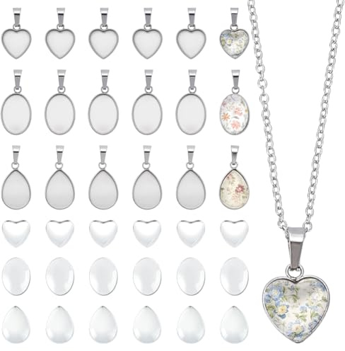 UNICRAFTALE 30 Sets Mit 3 Stilen Anhängerfassungen 304 Edelstahl Leere Zargen Pendant Schalen Ovale Träne Herz Basis Cabochon Charm Mit Glas Cabochons Für Schmuckherstellung