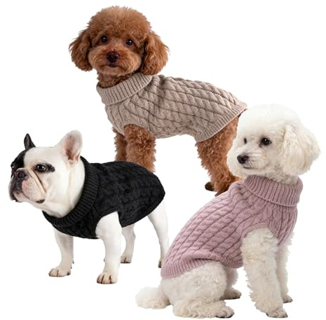 3 Pack Knitted Dog Jumpers, Turtleneck Winter Sweater Coat for Dogs Cats | Thickened Warm Design for Medium Dogs and Cats, Includes Khaki, Black and Pink, Size L