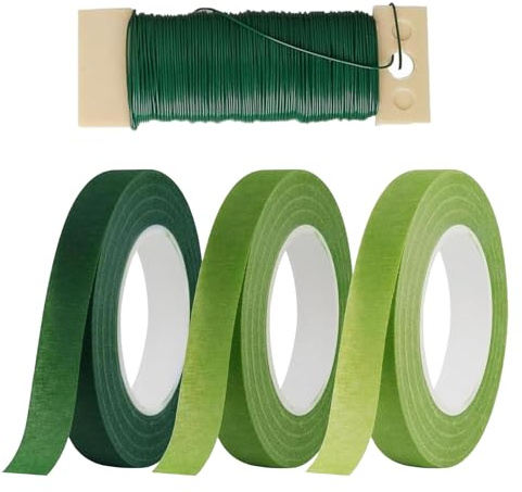 3 Rotoli Nastro per Fioristi e 1 Rotoli di Filo verde per Fioristi da 35m,Filo da Giardino,per Bouquet,Avvolgere Fiori,Decorazioni e Artigianato