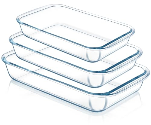Bgtecho 3 Pack Glass Baking Dishes Set, Clear Rectangular Glass Bakeware for Oven, Baking Pan Set for Cooking, Microwave and Dishwasher Safe, 3 Size, 2 Qt+2.7 Qt+3.3 Qt