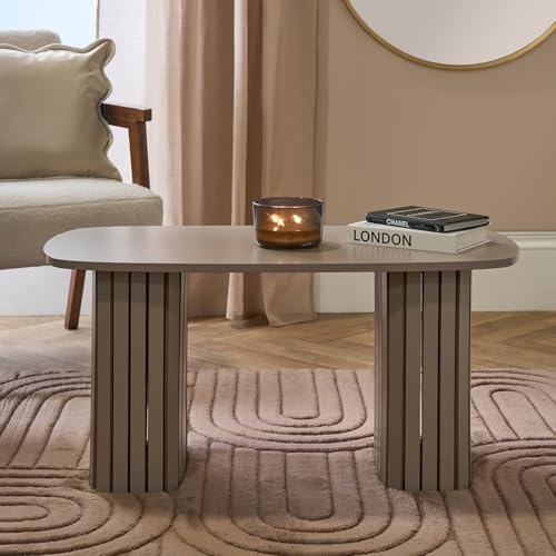 OHS Coffee Tables for Living Room, Wooden Centre Midcentury Modern Table Madison Ribbed Wood Frame Decorative Small Coffee Table Home Office Living Room Furniture, Taupe - 85 x 40 x 41cm