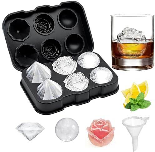 Silicone Ice Cube Tray with Lid 6-Cavity 3D Rose Diamond Sphere Ice Ball Maker Food Grade Large Ice Cube Moulds with Funnel Easy Release Reusable for Whiskey & Cocktails Juices Black