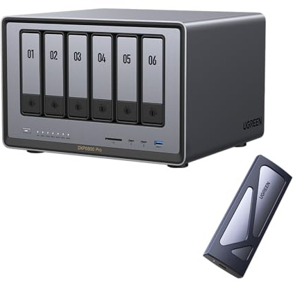 UGREEN NASync DXP6800 Plus 6-Bay NAS + M.2 NVMe Enclosure, Intel i3 1215U 6-Core,8GB DDR5,128G SSD,10GbE+2.5GbE,2×M.2,4K HDMI |10Gbps Aluminum Tool-Free,USB3.2 Gen2,UASP&TRIM（Diskless）