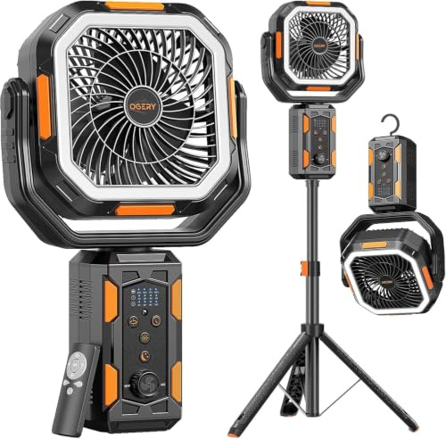 OGERY F21 Ventilador de camping con soporte, ventilador de pie alimentado por batería recargable de 20000 mAh, linternas LED para cortes de energía, viento fuerte, carga rápida para tienda de campaña