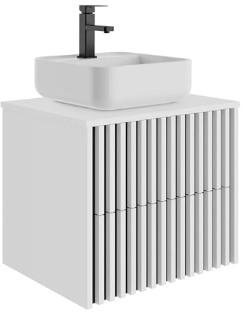 UEV Meuble Salle de Bain, Meuble Suspendu 60cm avec Vasque à Poser, Lavabo en Céramique, Deux Tiroirs avec Grand Espace de Rangement, Motif de Ligne, 60 x 45 x 50 cm, Blanc(Vasque Carrée)